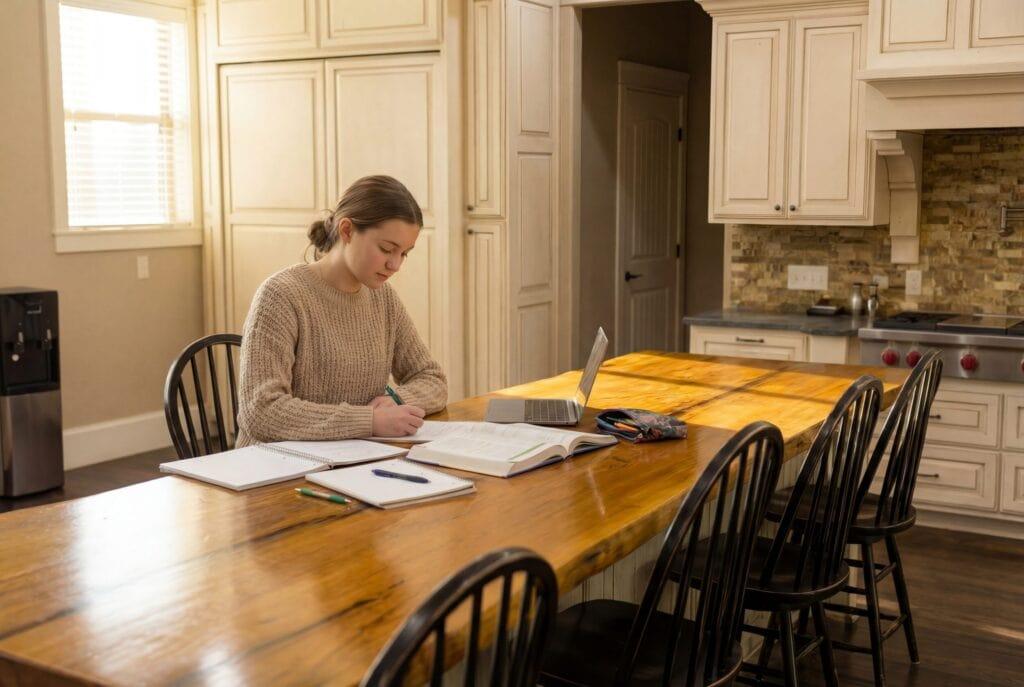 teenage girl doing homework at kitchen table in group home